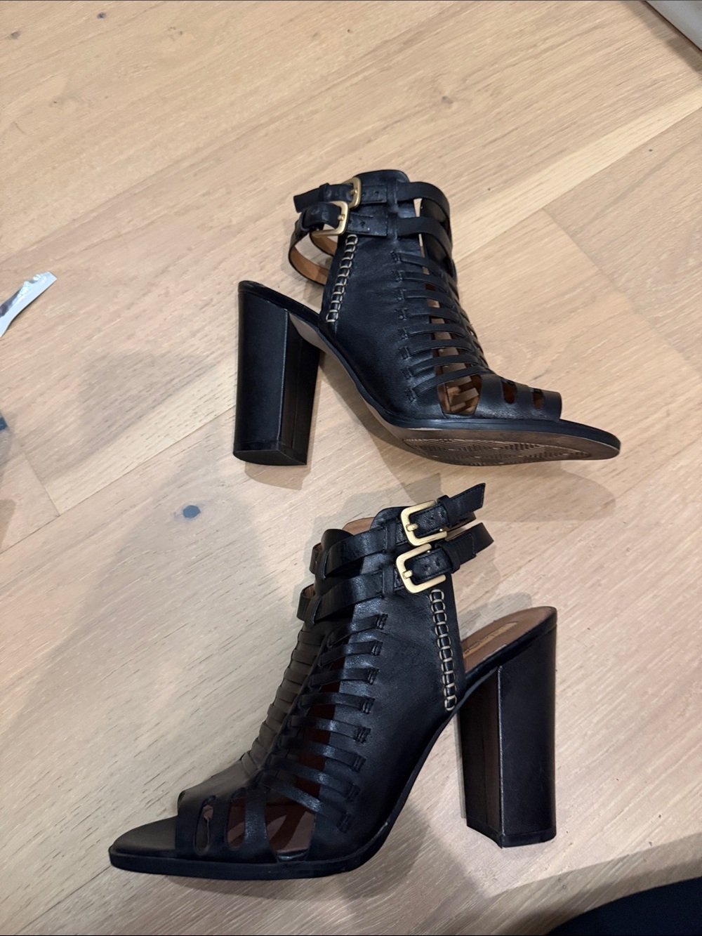 Halogen Black caged Block Heel Sandals with Gold Buckles
